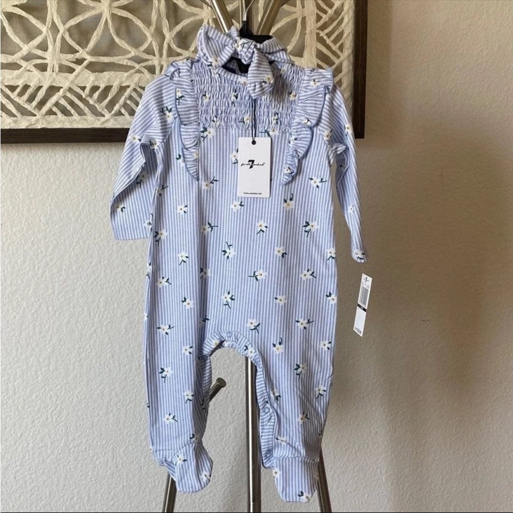 7 for all Mankind | baby blue stripe onesie + matching bow
